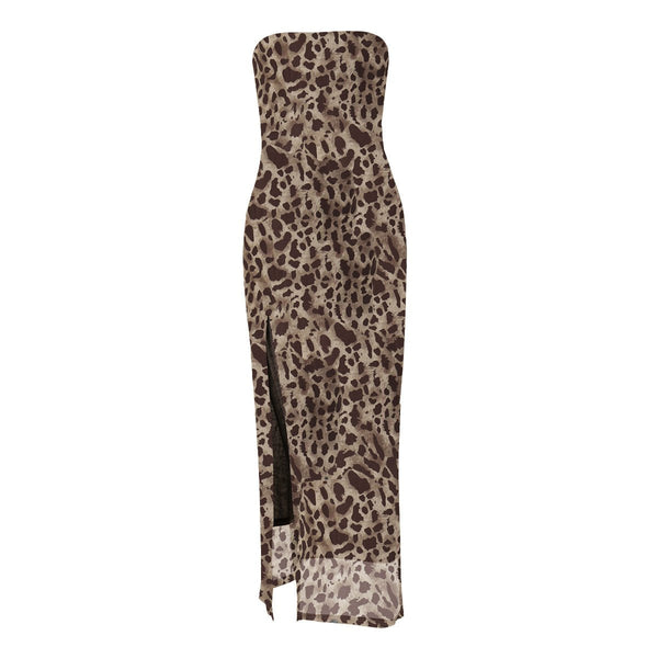 Leopard print slit mesh tube midi dress