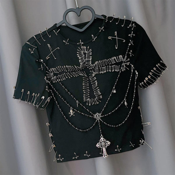 Short sleeve beaded cross pattern top