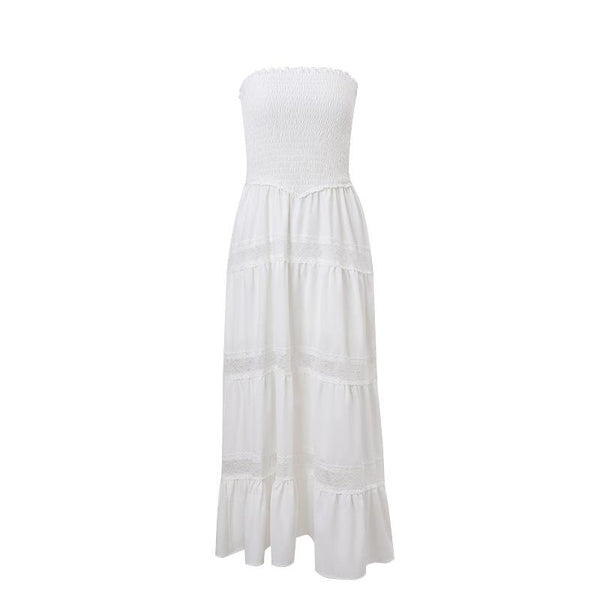 Smocked ruched lace patchwork tube midi dress