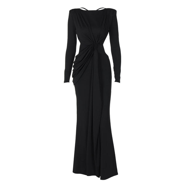 Long sleeve padded backless ruched maxi dress