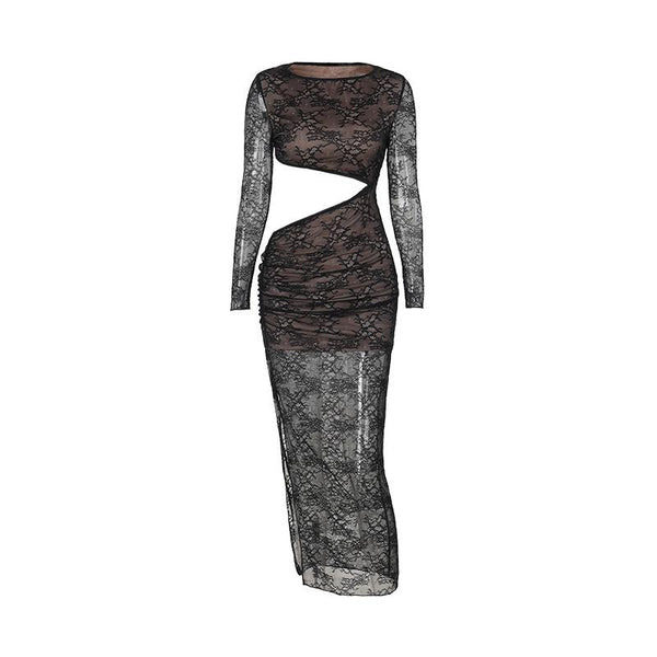 Crewneck long sleeve lace hollow out maxi dress