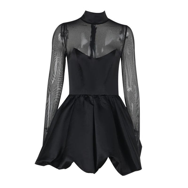 Long sleeve high neck zip-up mesh patchwork mini dress