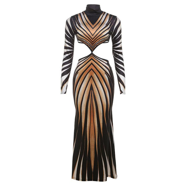 High neck long sleeve hollow out print contrast maxi dress