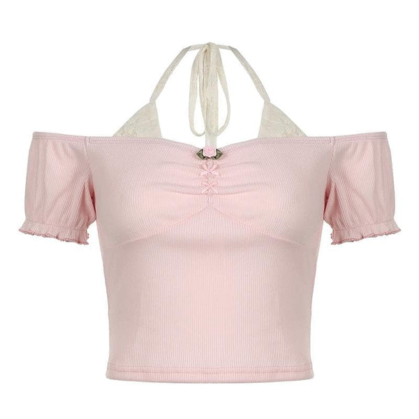 Short puff sleeve off shoulder halter ribbed top