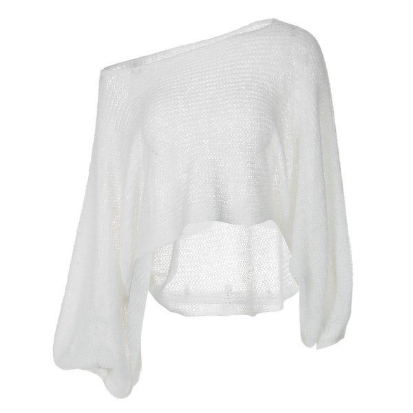 Long puff sleeve knitted one shoulder see through top