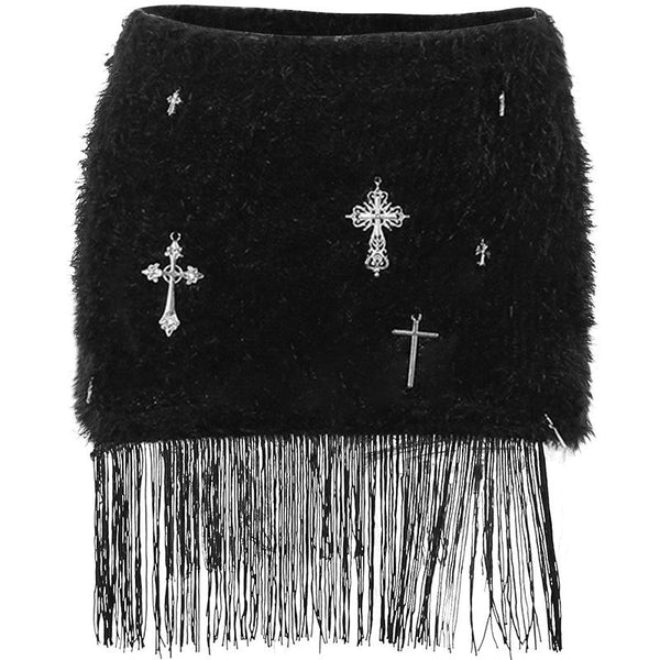 Fluffy cross pendant tassels mini skirt