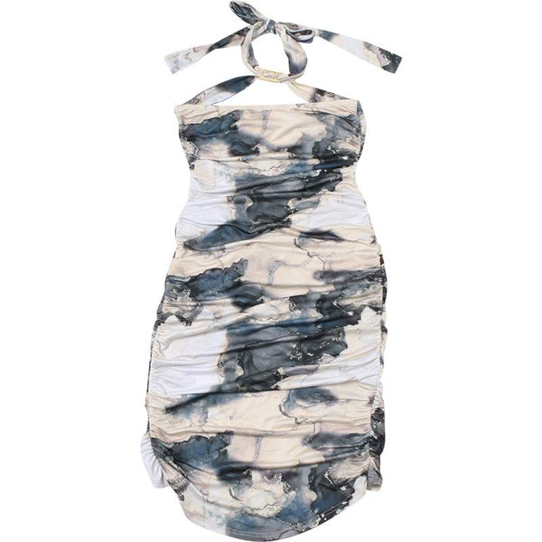 Halter tie dye ruched metal applique midi dress