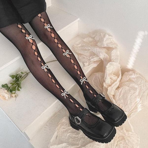 Fishnet hollow out faux pearl bowknot tights