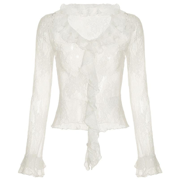 Long sleeve ruffle lace see through top