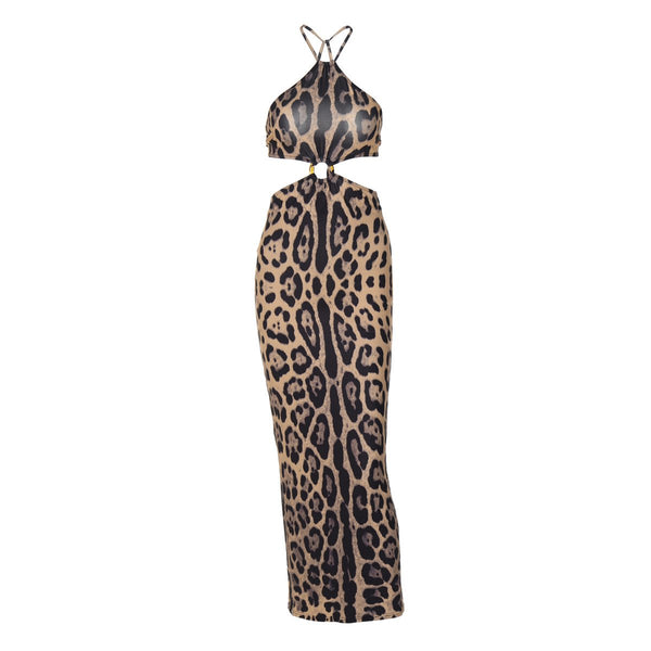 Leopard print halter o ring backless maxi dress