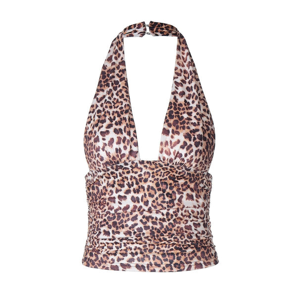 Leopard print halter backless crop top