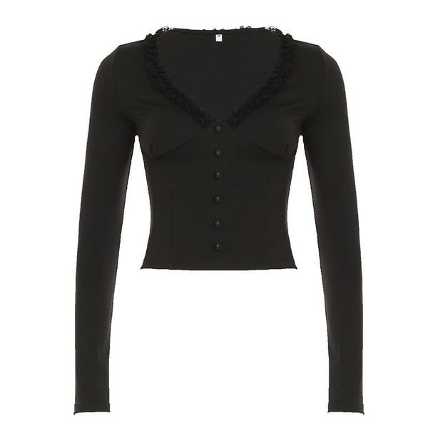 Long sleeve v neck ruffle button top