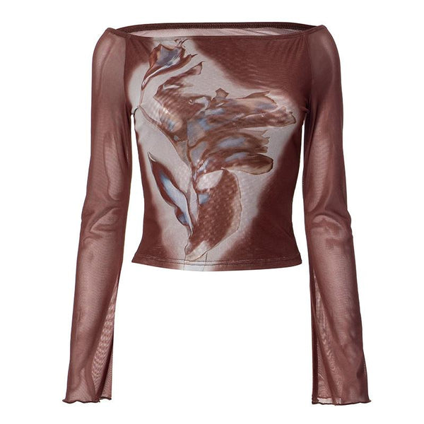 Long sleeve ruffle sheer mesh print top