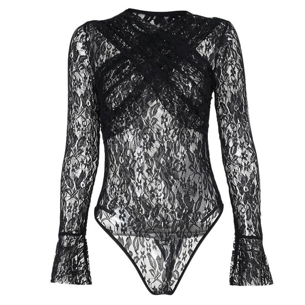 Long flared sleeve lace cross front bodysuit