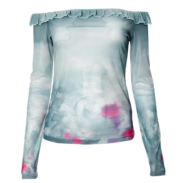 Long sleeve off shoulder tie dye ruffle sheer mesh top