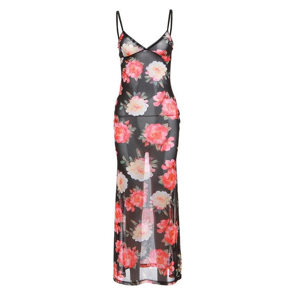 Sheer mesh flower print cami maxi dress