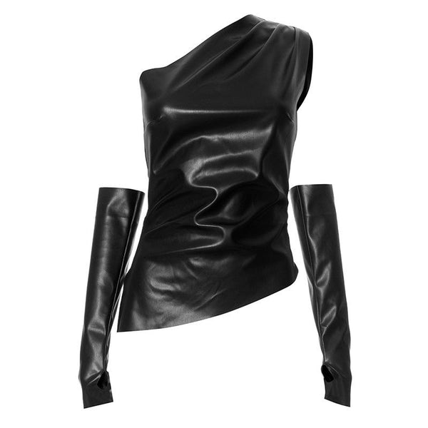 One shoulder gloves PU leather zip-up ruched top