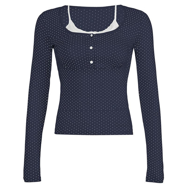 Polka dot long sleeve button lace hem patchwork top