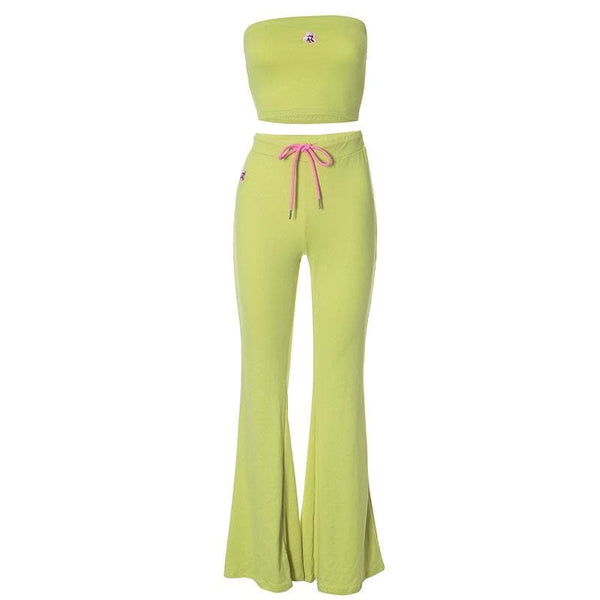 Flower embroidery drawstring ruched tube pant set
