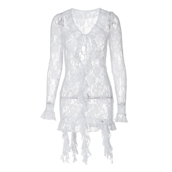 Long flared sleeve ruffle lace see through mini dress