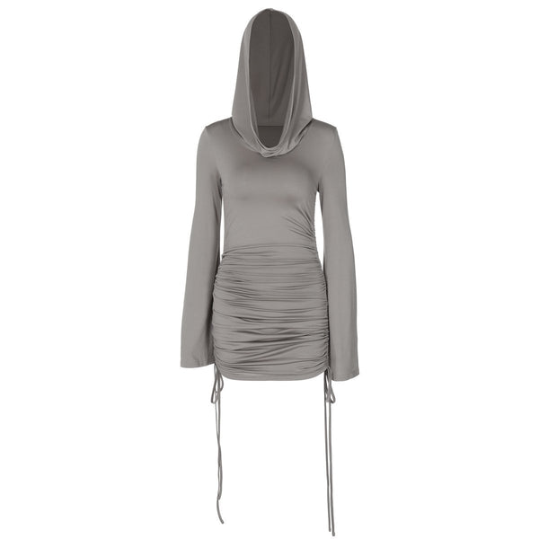 Hoodie long sleeve ruched drawstring mini dress