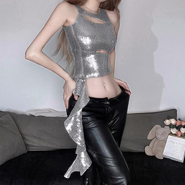 Crewneck glitter hollow out ruffle irregular crop cut out top