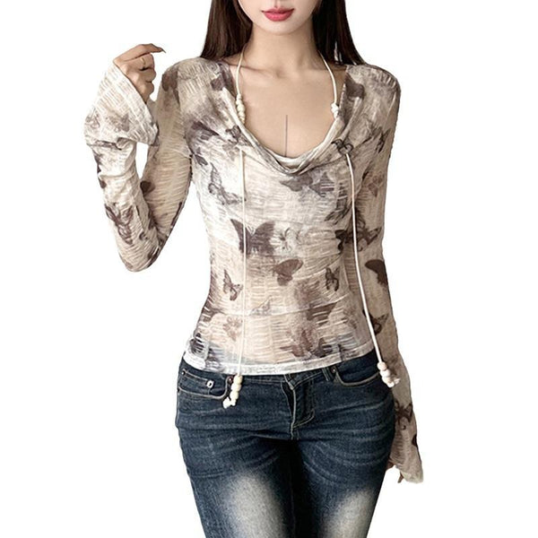 Cowl neck beaded butterfly print top