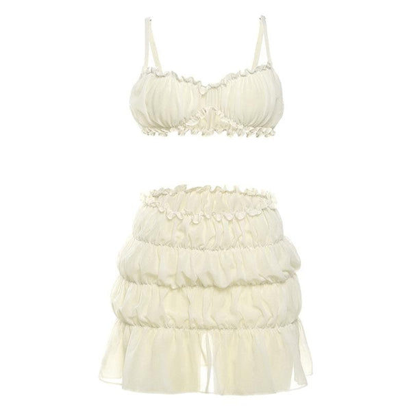 Ruffle ruched solid cami mini skirt set
