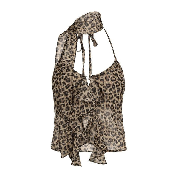 Top de gasa con volantes y estampado de leopardo halter