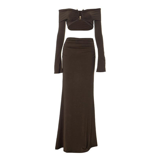 Long sleeve off shoulder metal applique slit ruched maxi skirt set