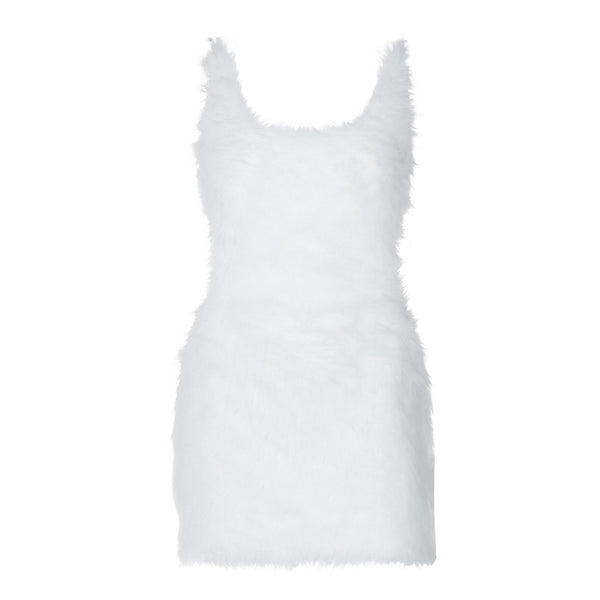 U neck fluffy zip-up backless cami mini dress