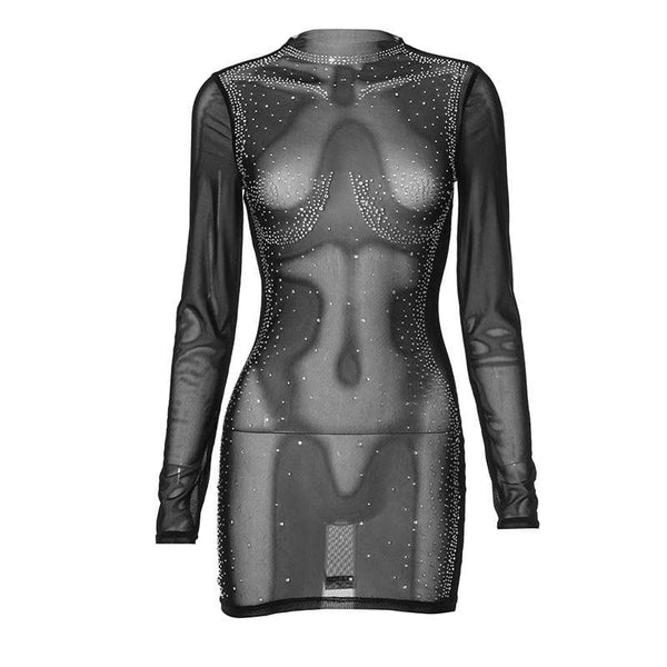 Long sleeve body pattern beaded sheer mesh mini dress