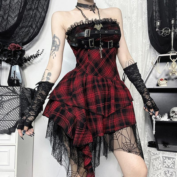 Plaid buckle ruffle spider web tube mini dress