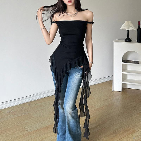 Off shoulder ruffle irregular mesh top