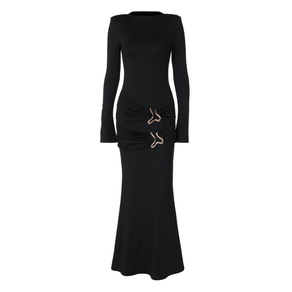 Long sleeve crewneck padded metal applique maxi dress