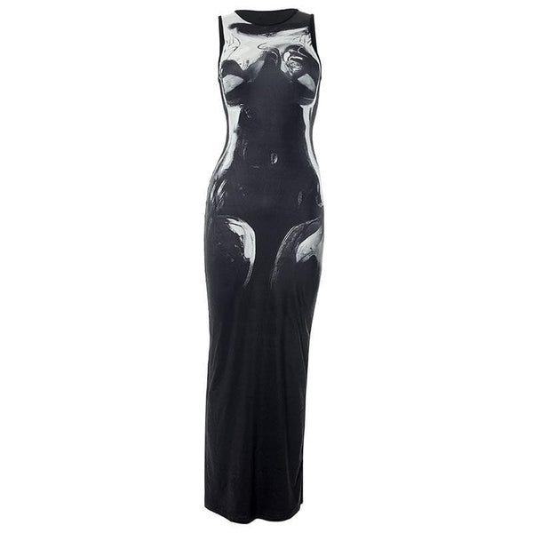 Crewneck body print contrast tank maxi dress