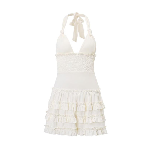 Halter smocked knotted ruched ruffle mini dress