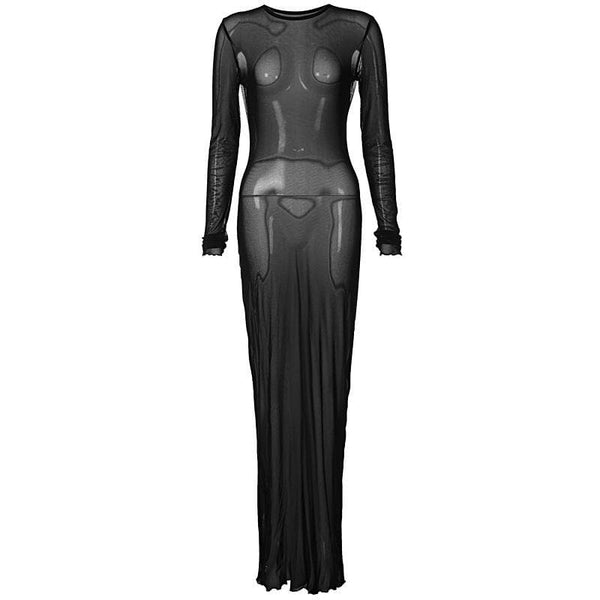 Long sleeve solid crewneck sheer mesh maxi dress