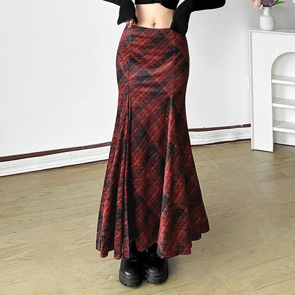 Plaid zip-up ruffle maxi skirt