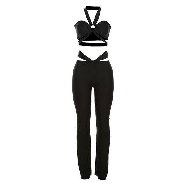 Halter hollow out ruched low rise crop pant set