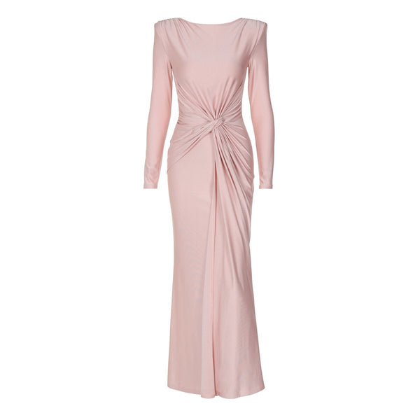 Long sleeve padded ruched maxi dress