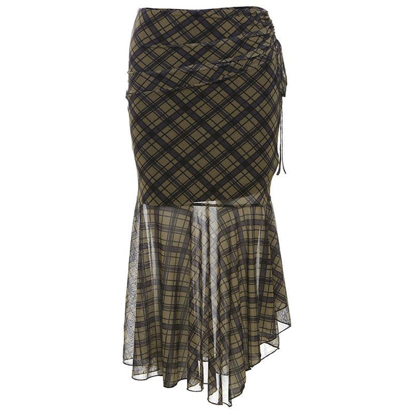 Plaid ruched drawstring mesh irregular midi skirt