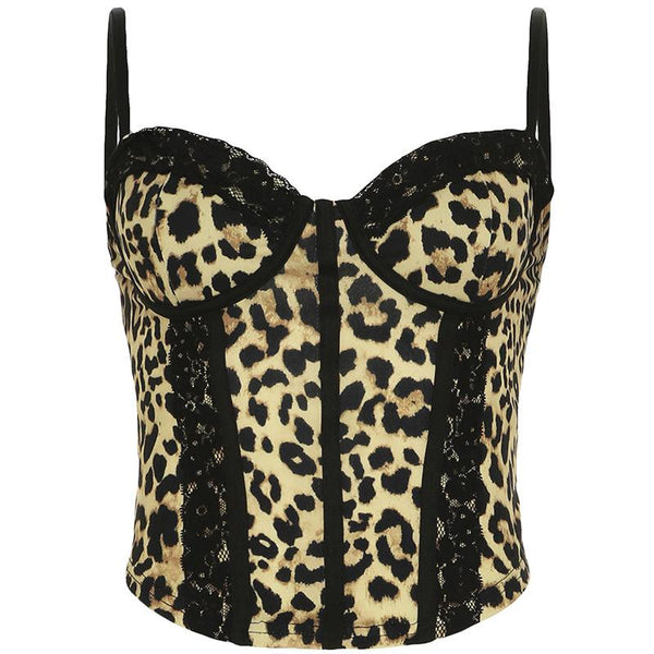 Leopard print sweetheart neck lace hem cami top