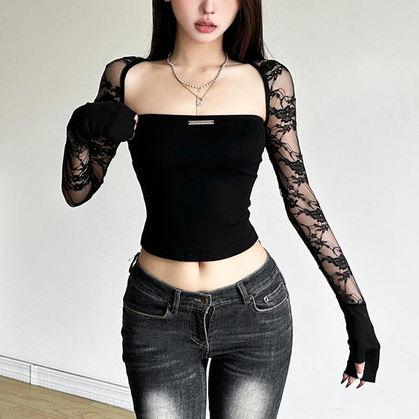 Lace long sleeve gloves metal tag shrug 2 piece top