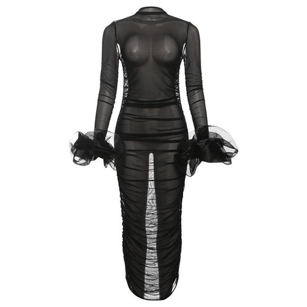 Long sleeve mesh see through ruched maxi dress