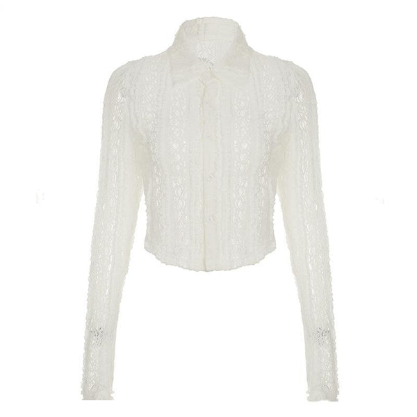 Long sleeve turnover collar lace button top