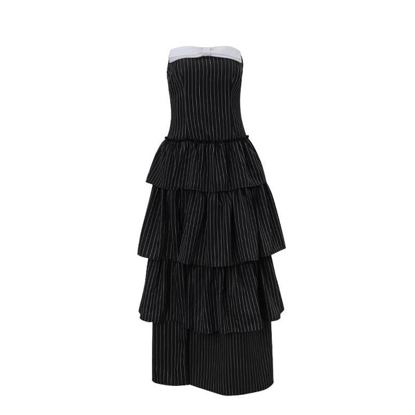 Bowknot ruffle striped high slit tube maxi dress