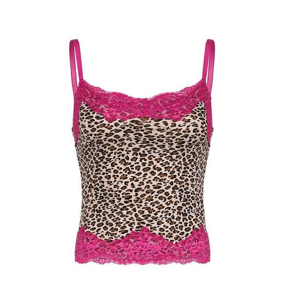 Top camisero con abertura y bajo de encaje con estampado de leopardo