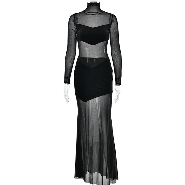 High neck long sleeve mesh patchwork velvet maxi dress