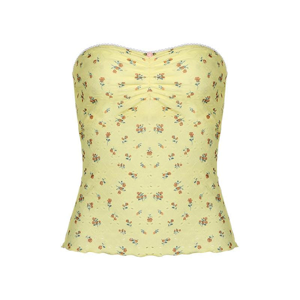 Ruched ruffle print flower applique tube top